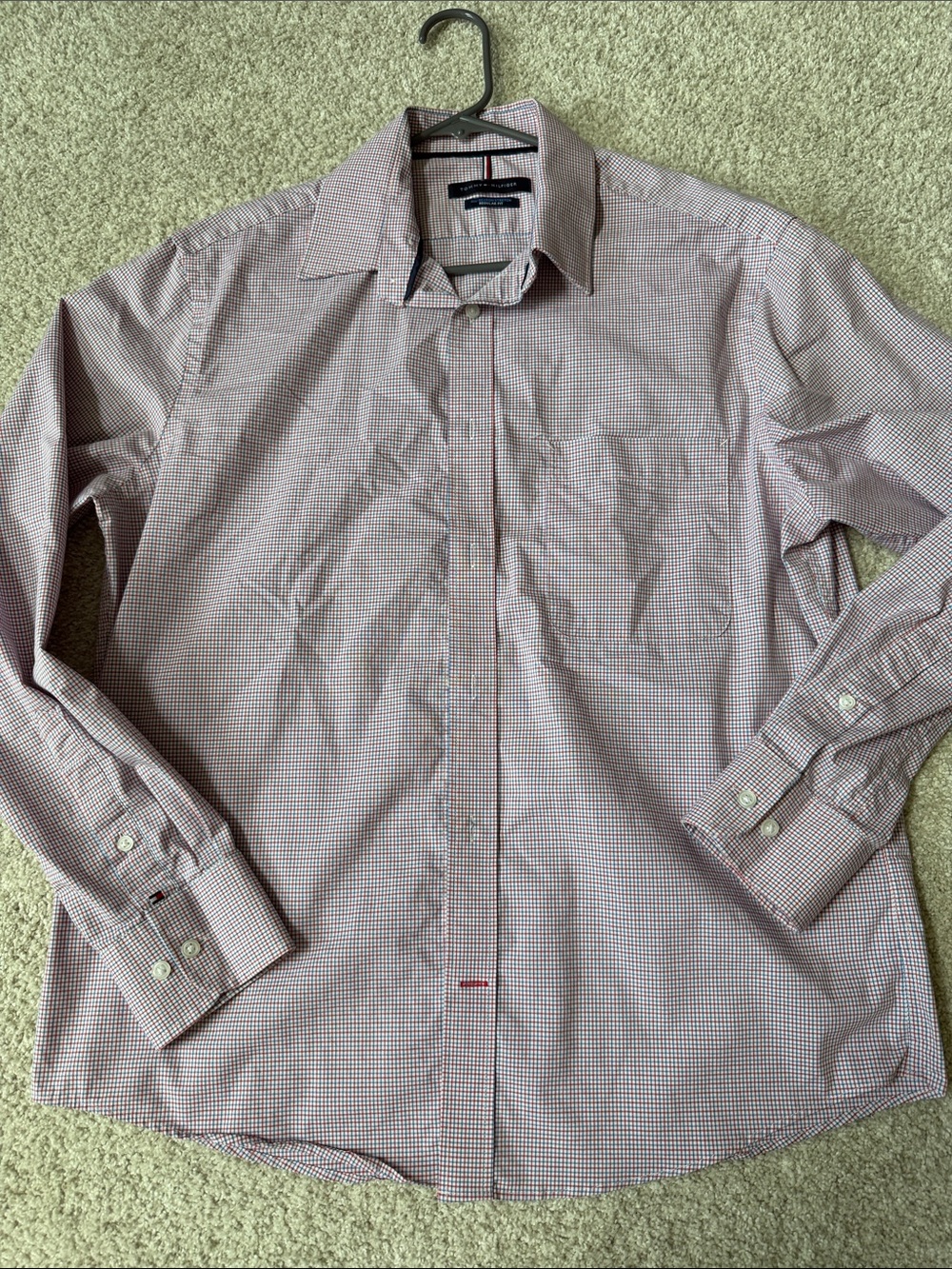 Tommy Hilfiger Men's Red, White, and Blue Micro-Check Dress Shirt (m)